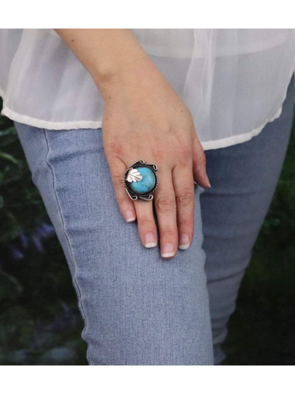 Sterling Silver Natural Round Turquoise Leaf Design Ring Size 7 - Picture 3 of 6